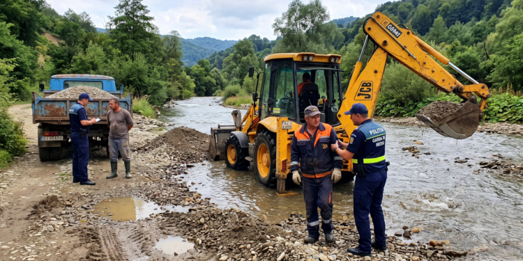 RAID pe malul Gilortului! Tată și fiu, prinși în flagrant în timp ce „cărau” pietriș cu buldoexcavatorul