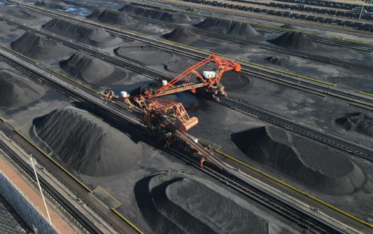 FILE PHOTO: An aerial view of the machinery at the coal terminal of Huanghua port, in Hebei province, China February 1, 2023. China Daily/Handout via REUTERS