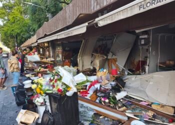 Prăpăd la Piața de Flori din Craiova! O mașină a intrat în florării și a făcut totul țăndări