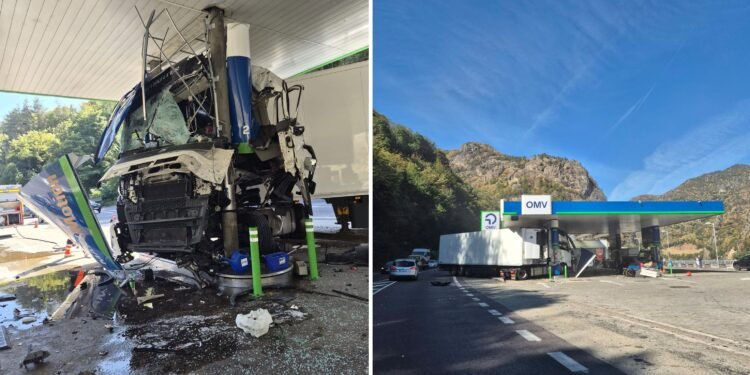 Camion intrat într-o benzinărie OMV pe Valea Oltului. Traficul este blocat pe DN 7